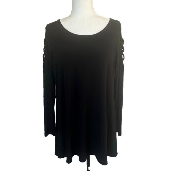 SYMPLI Tunic Blouse Top Size 10 Black Jersey Knit Criss Cross Shoulder Detail - Picture 1 of 8